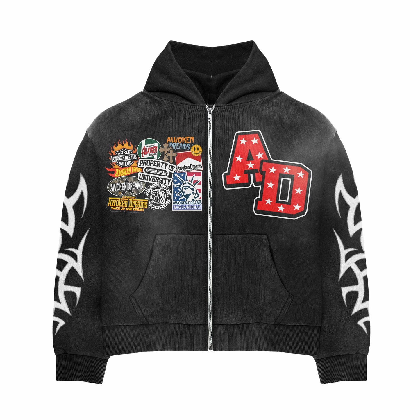 Awoken Dreams Black Patchwork Zip Up Hoodie