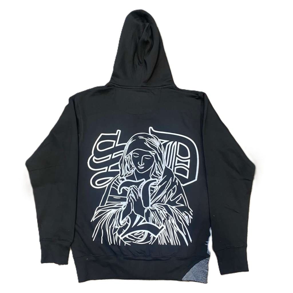 SDL Benjamin Black Virgin Mary Rhinestone Zip Up Hoodie Black