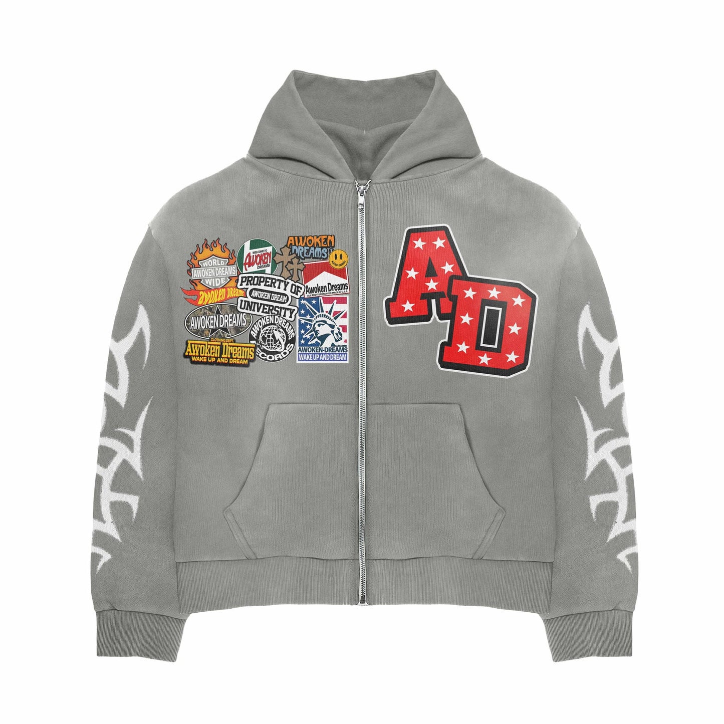 Awoken Dreams Grey Patchwork Zip Up Hoodie
