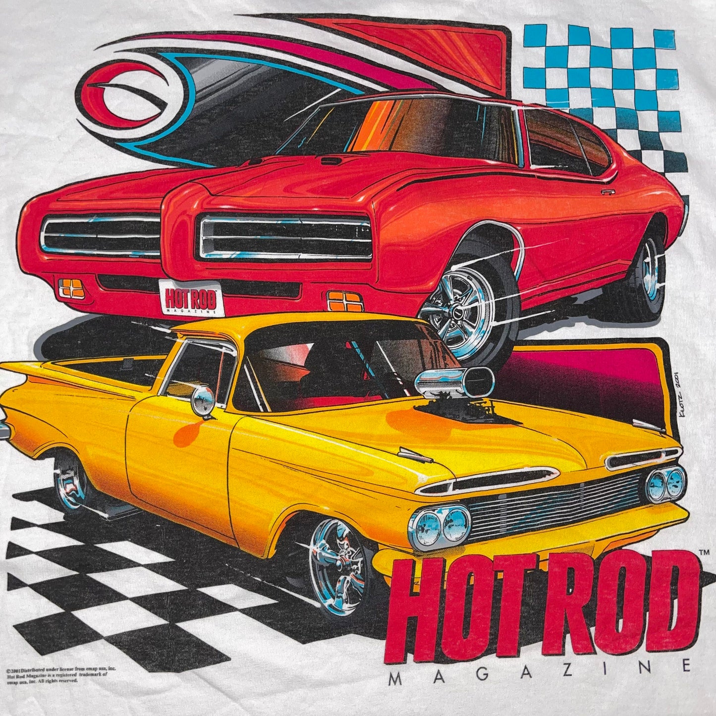 2001 Hot Rod Magazine Checkered Cars T-Shirt - Used/Worn