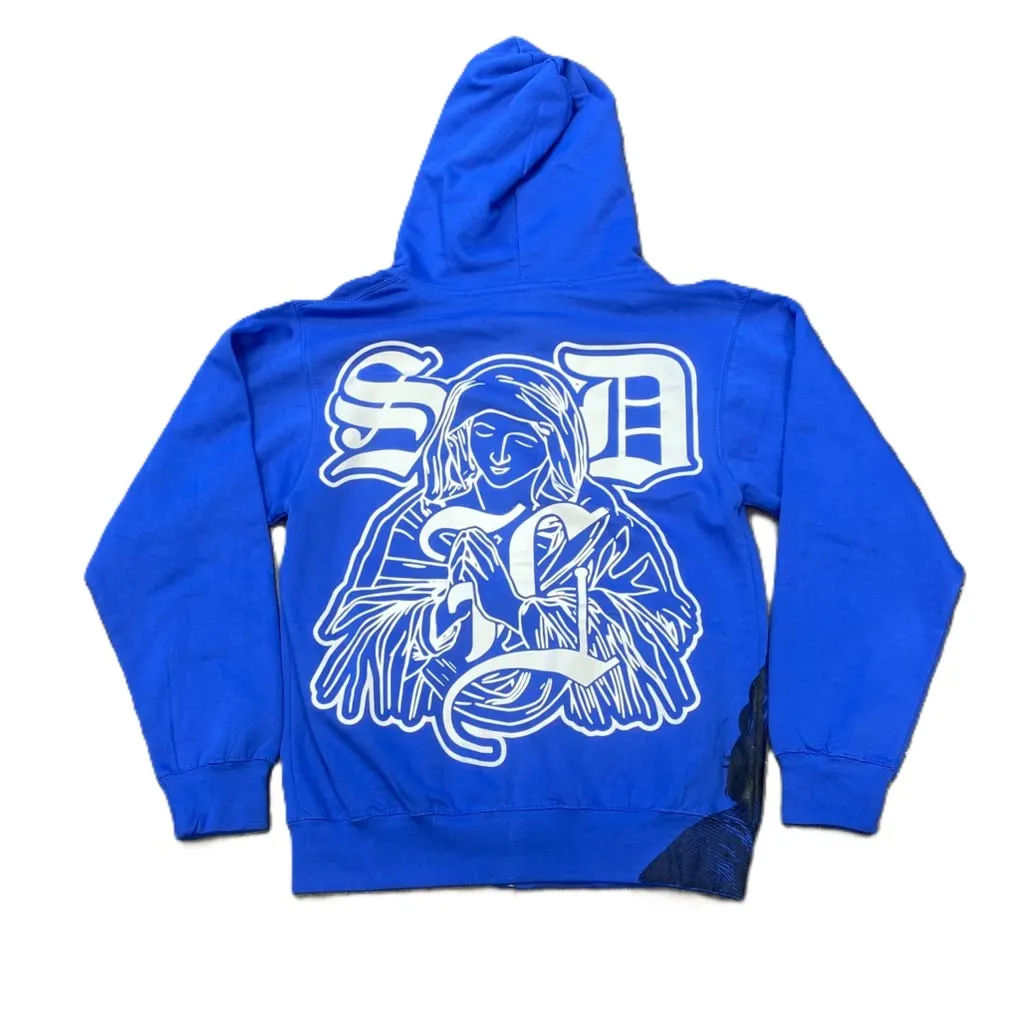 SDL Crown Benjamin White Virgin Mary Zip Up Hoodie Blue