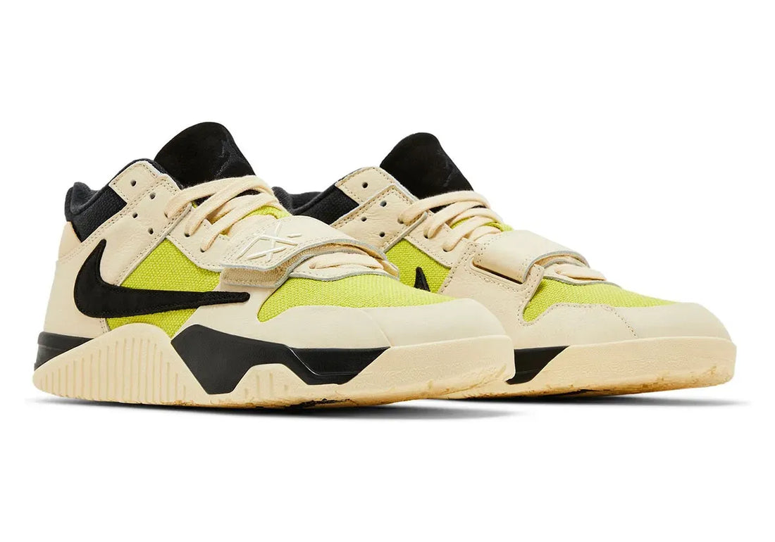 Travis Scott Shoes Jordan Jumpman Jack Bright Cactus. You’re getting volt green canvas underlays, beige leather overlays, and a matte black reverse Swoosh that gives straight Travis energy.