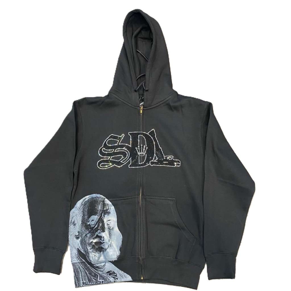 SDL Benjamin White Chapo Rhinestone Zip Up Hoodie Black