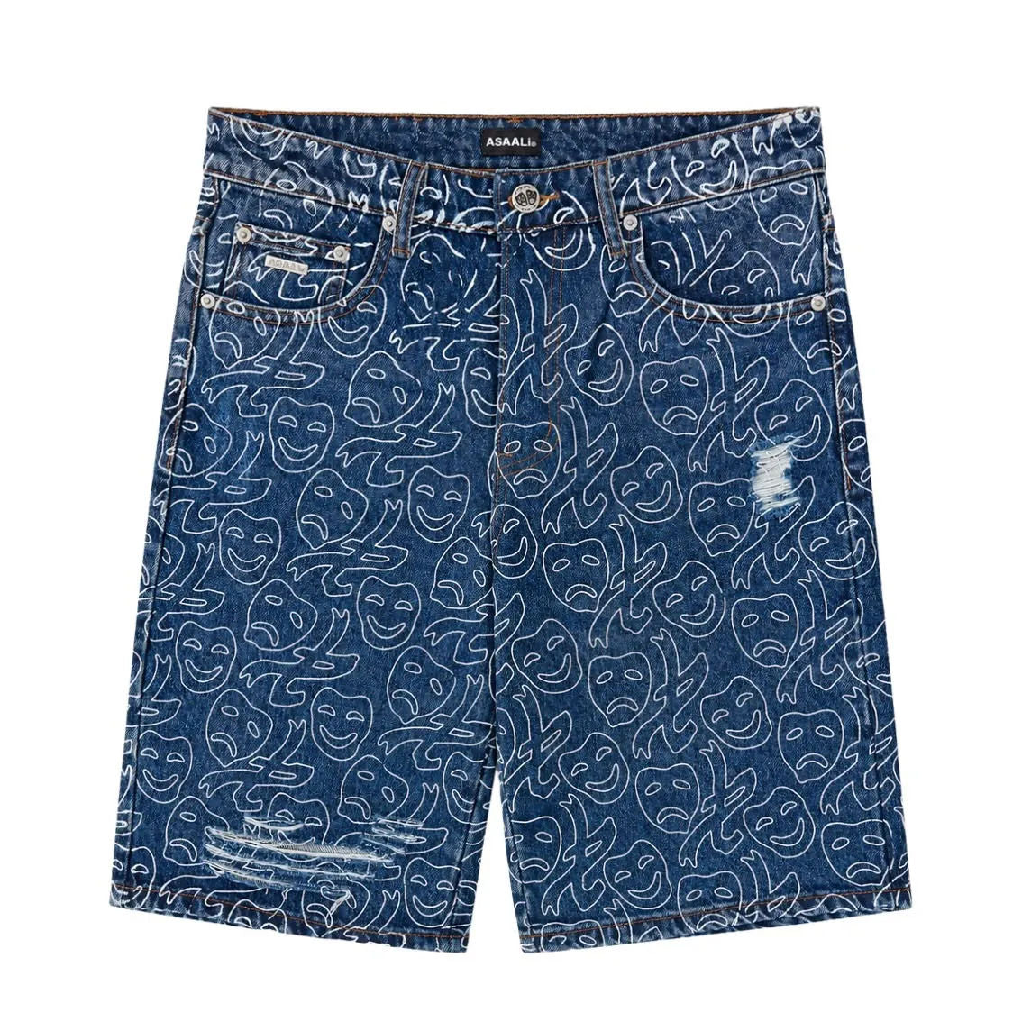 Asaali Laugh Now Cry Later All Over Print Denim Shorts
