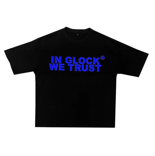 In Glock We Trust Tee Blue Letters Black
