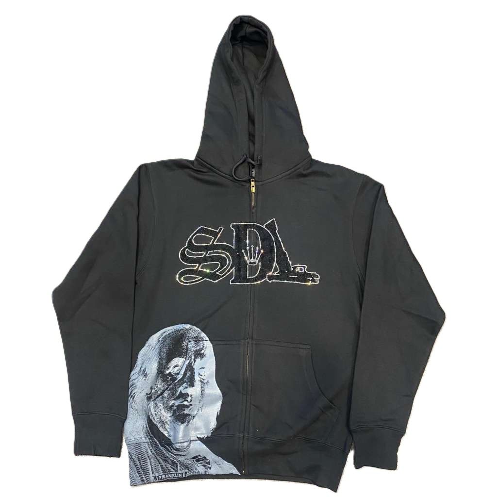 SDL Benjamin Black Virgin Mary Rhinestone Zip Up Hoodie Black
