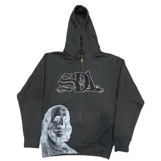SDL Benjamin Black Virgin Mary Rhinestone Zip Up Hoodie Black