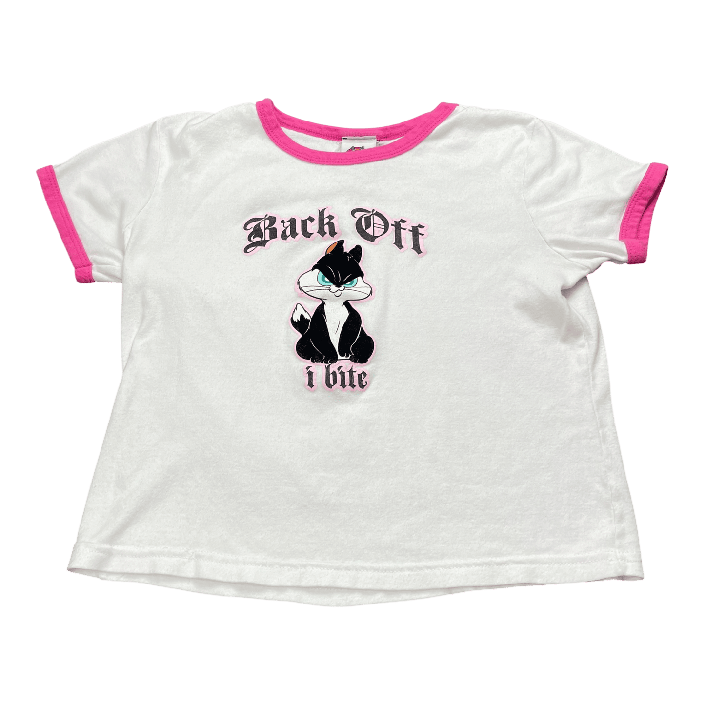 Vintage "Back Off I Bite" Cat Looney Tunes Cropped Ringer Shirt - Used/Worn
