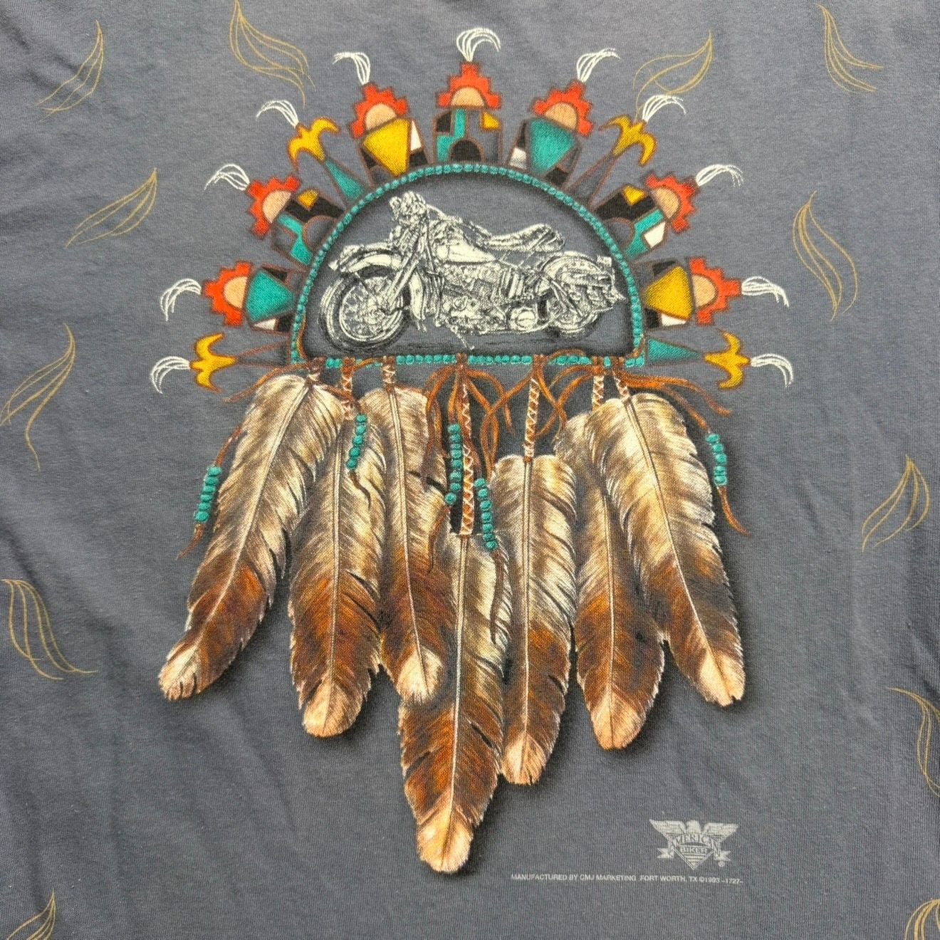 Vintage 1993 3D Emblem Native Tribal Biker Dreamcatcher T-Shirt - Used/Worn