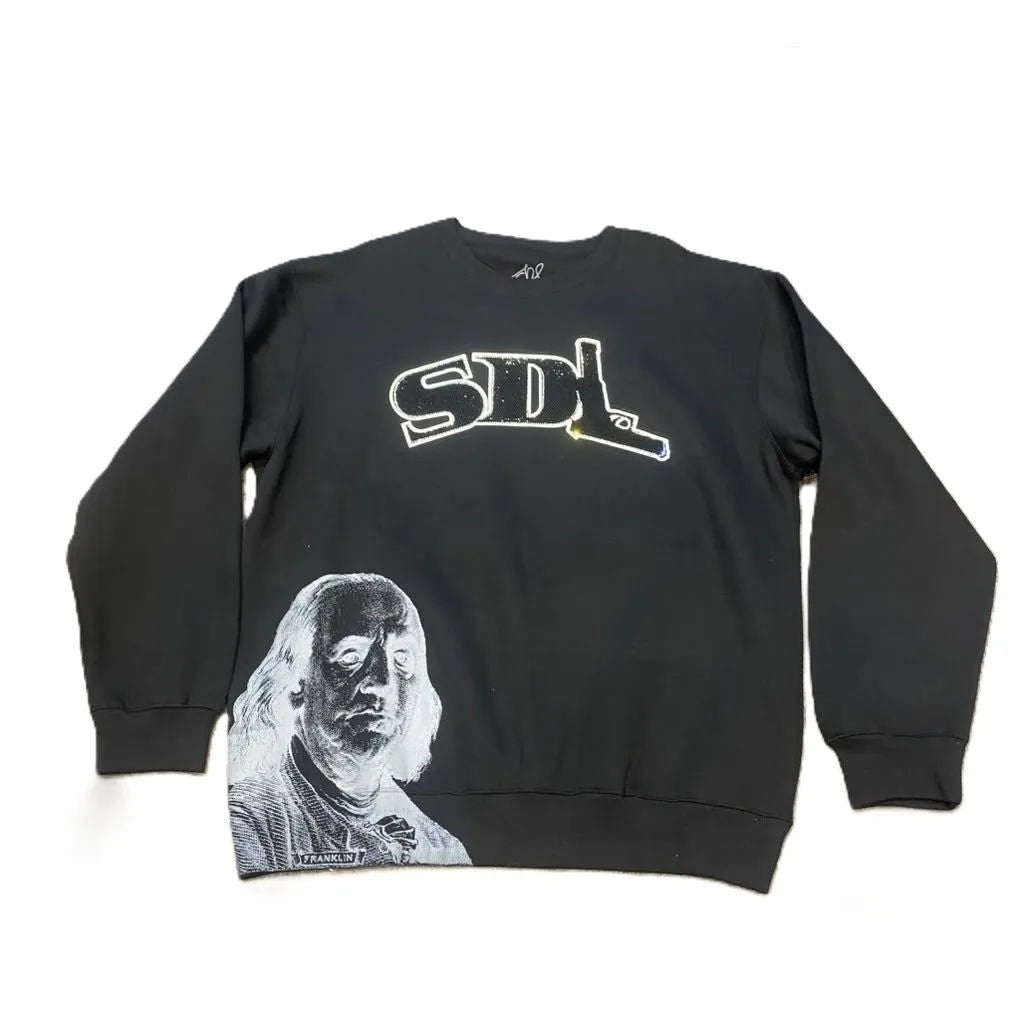 SDL Rhinestone Logo Benjamin Script Buddha Crewneck Black