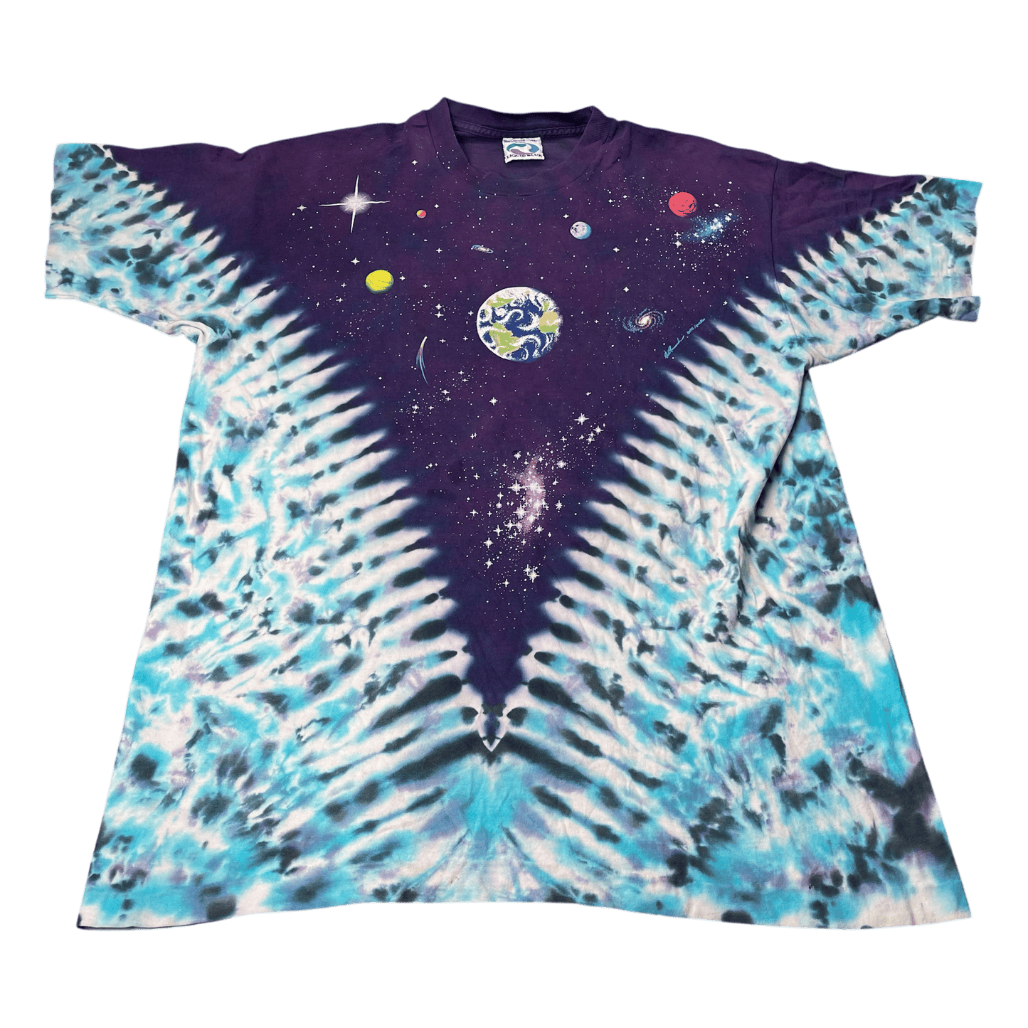 Vintage 1992 Space Galaxy Planets AOP Liquid Blue Tie-Dye T-Shirt - Used/Worn