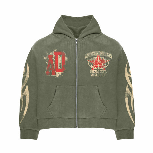 Awoken Dreams Varsity Olive Zip Up Hoodie